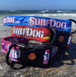 The brightest, coolest collars and leashes you will see on the beach this summer. Our collars and leashes are made with board short fabric in vibrant beach colours. Neoprene handles for comfort and 2 widths for small and large dogs. Dog leashes for dogs that love the beach